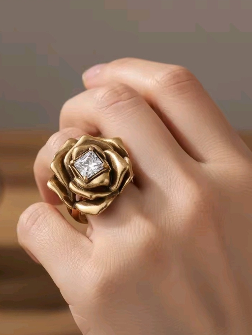 Vintage Gold Tone Rose Cocktail Ring with Square Clear Stone